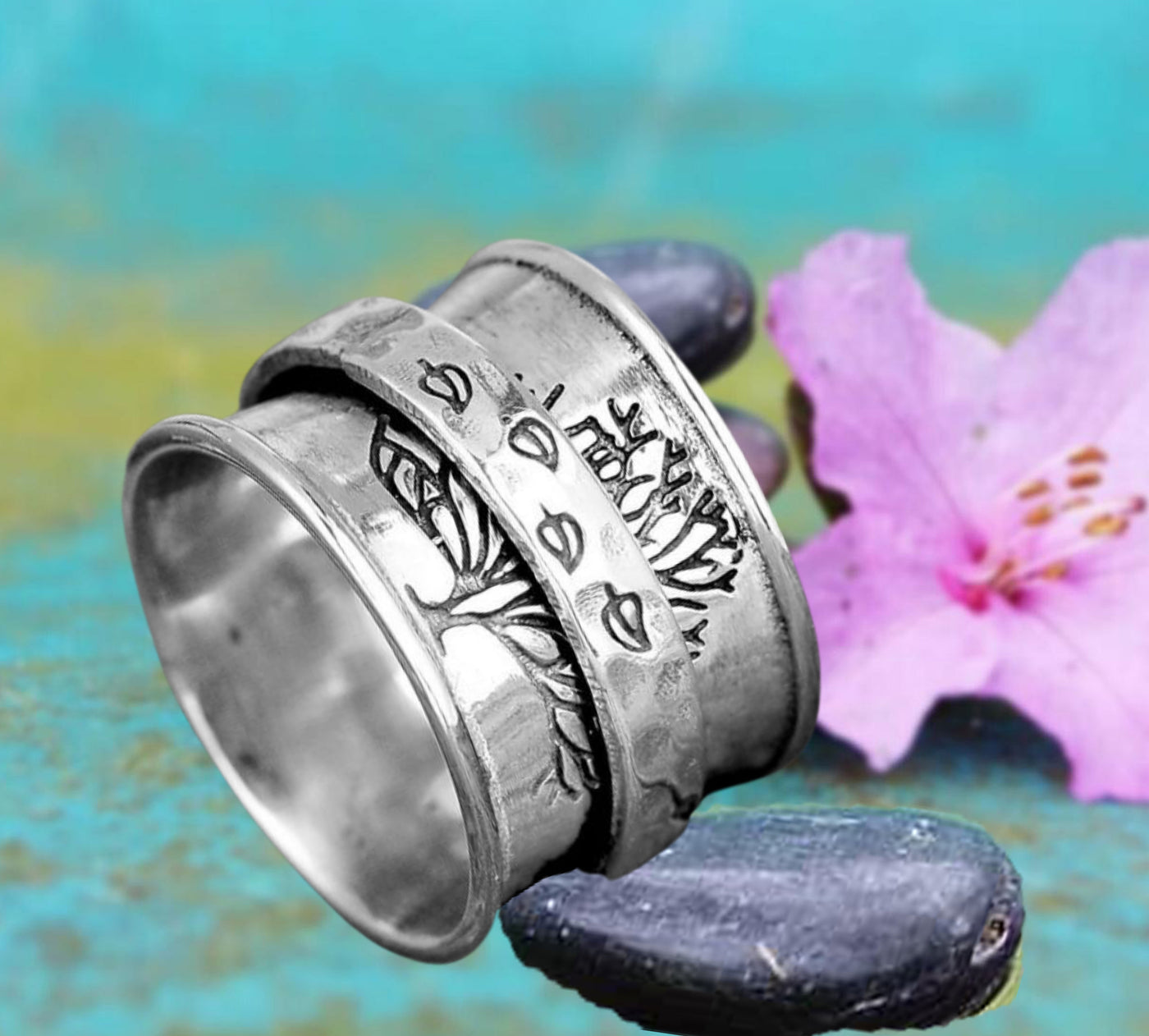 925 Original silver flower spin opening finger adjustable zircon simulation  diamond rotatable spinner ring for girls