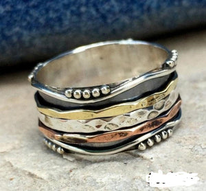 Three Tone Spinner Ring, 925 Sterling Silver Spin Ring