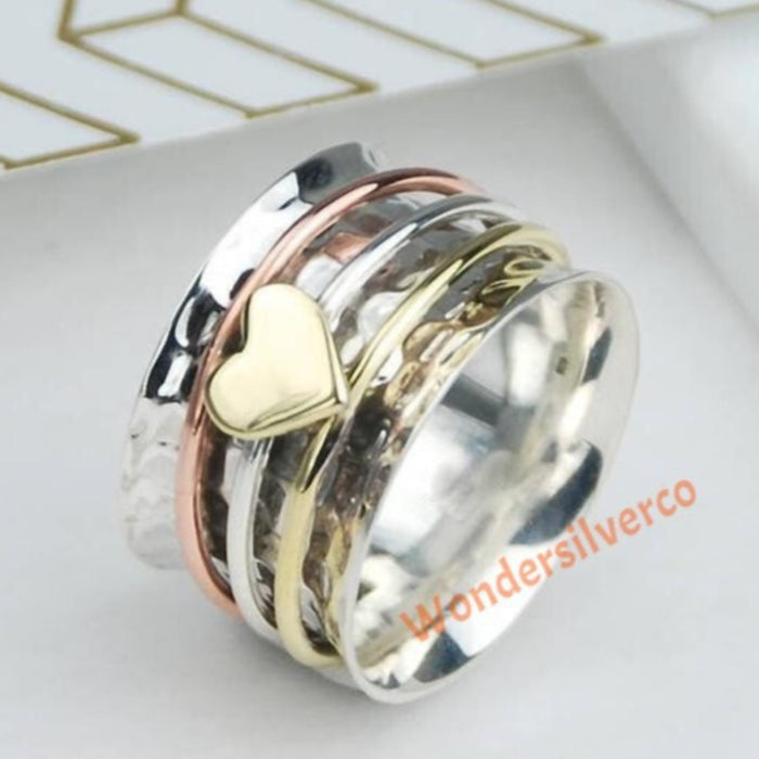 Golden Heart Spinner Ring, 925 Sterling Silver Spin Ring